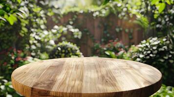 jardín ajuste con un suave atención y vacío redondo madera mesa encimera, Perfecto para comida o bebidas presentación. vacío redondo madera mesa mostrador video