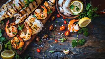 Freshly grilled seafood platter with shrimp, fish, scallops, fresh herbs, and lemon slices on a rustic wooden table video