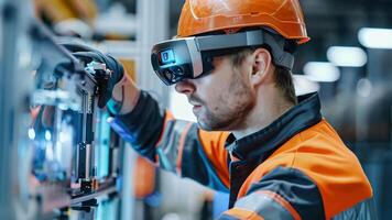Automated machinery maintenance by worker using augmented reality glasses for precision. Smart factory automation video