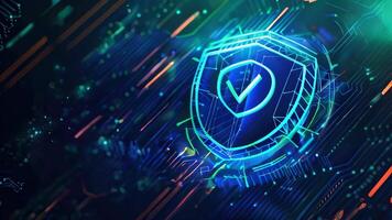 Shield and checkmark cybersecurity verification icon, neon blue and green hues, digital background. Verified credentials video