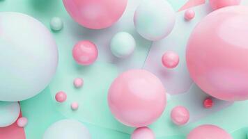Soft pink and mint green in a calm pastel 3D geometric design with layered spheres, gentle gradients, high definition. 3D geometric pattern video