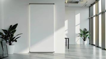 Clean and spacious roll-up mockup poster in a modern office environment, ideal for branding, light background, minimalism. Roll up mockup poster video