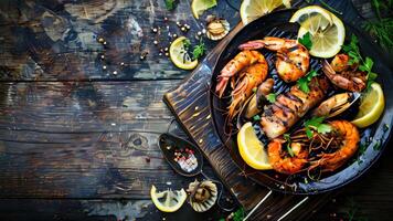 Rustic wooden table set with a grilled seafood platter featuring shrimp, fish, scallops, fresh herbs, and lemon slices video