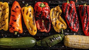 A colorful assortment of grilled vegetables on a barbecue, including bell peppers, zucchini, and corn video