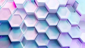 High definition trendy pastel 3D geometric grid with hexagonal shapes, light lavender and sky blue, delicate gradients. 3D geometric pattern video