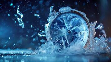 New Year's first light shining through melting ice clock at midnight, evoking renewal and fresh beginnings. 2025 new year clock video