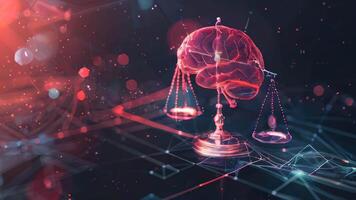 AI ethics concept with digital brain and scales depicting balance in AI development. AI ethics video