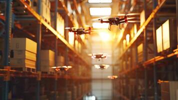 Smart warehouse with robotic drones scanning and organizing inventory from above. Smart factory automation video