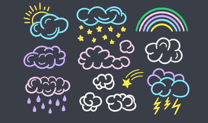 Colorful Chalk Cloud doodle on Dark Background