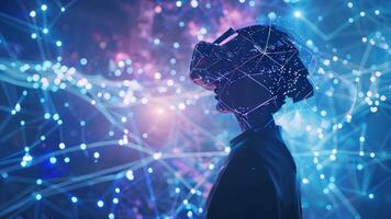 Digital human avatar interacting with floating AI data visualizations in a virtual reality environment. AI insights video