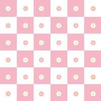 Retro checkerboard groovy seamless pattern with daisy flowers on a pink checkered background. Cute colorful trendy illustration in style 70s, 80s for surface design vector