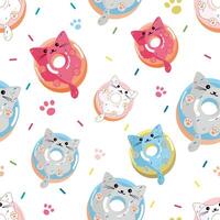 Cute Cat Donuts seamless pattern on White background with confetti. Delicious bakery. Design for print, textile or wrap vector