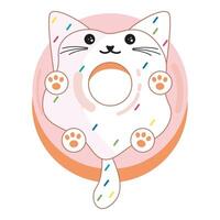 Cute Cat Donut Character. Kids Coloring Pages, White Glaze with confetti on donut. Isolated illustration EPS. Bakery illustration design for print or web vector