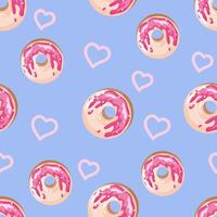 Seamless pattern of Pink sweet donuts and hearts on blue background. Junk food dessert bakery. pattern for textile, wrap or print vector
