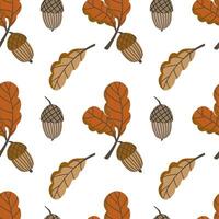 Seamless pattern with an acorn and oak leaf in flat style. Elements for autumn design in brown color. Natural floral clipart for cozy compositions on the theme of the harvest festival vector