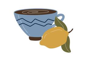 A minimalist illustration of a blue teacup filled with a hot beverage with a yellow lemon and green leaves. The simple, flat design is perfect for tea-themed artwork or cozy autumn graphics. vector