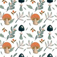 Harvest festival seamless pattern. illustration of fantasy mushrooms, leaves and berry. Thanksgiving and Harvest Day print for textile, packaging, wrapping paper, background vector