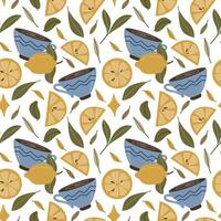 Seamless pattern with illustration of a blue cup with a yellow lemon and green leaves. The simple, flat design is perfect for tea-themed artwork or cozy autumn graphics. vector