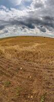 vertical little planet transformation with curvature of space among fields in storm sky with dark clouds video