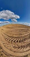 vertical little planet transformation with curvature of space among fields in blue sky with clouds video