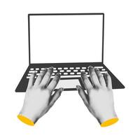 Halftone hands work on laptop computer with blank screen modern art collage cut out from magazine element for mixed media design. illustration isolated on transparent background vector