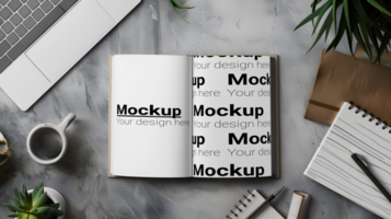 Open notebook mockup on a desk psd