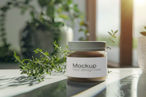 Mockup of a jar of brown paste on a table psd