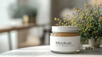 Mockup of a jar of honey on a table psd