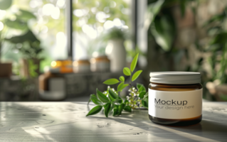 Mockup of a jar of natural honey on a wooden table with plants and a window psd