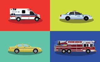 Set of official cars on a colored background. Side view. vector