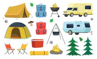 A set of accessories and object for traveling to nature. Briefcase, trailer, tents and more. vector