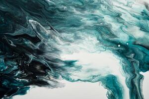 Fluid Art. Liquid green, white and black abstract paint drips and wave. Marble effect background or texture photo