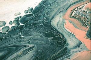 Acrylic Fluid Art. Natural Turquoise waves and frothy bubbles flow on canvas. Digital decor. Abstract stone background or texture photo