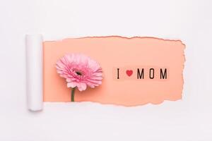 Creative layout made of I love mom text and pink gerbera flower on peach background. Simple torn hole paper art. I love mom concept photo