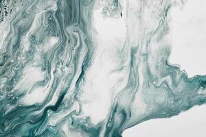 Fluid Art. Liquid transparent white and green abstract paint drips and wave. Marble effect background or texture photo