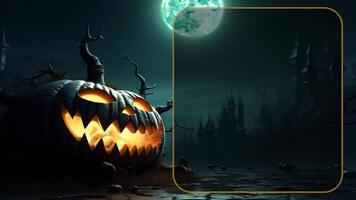 un Relajado escena Siniestro mal paisaje, obsesionado castillo, y masivo Luna calabaza Víspera de Todos los Santos 31 octubre con marco blanco texto caja video