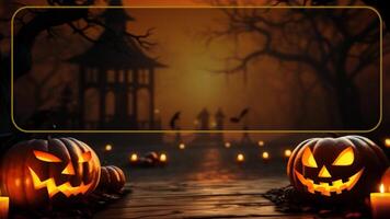 Glowing pumpkin lantern on wooden table in Halloween setting Pumpkin Halloween 31st October with Frame Blank Text Box video