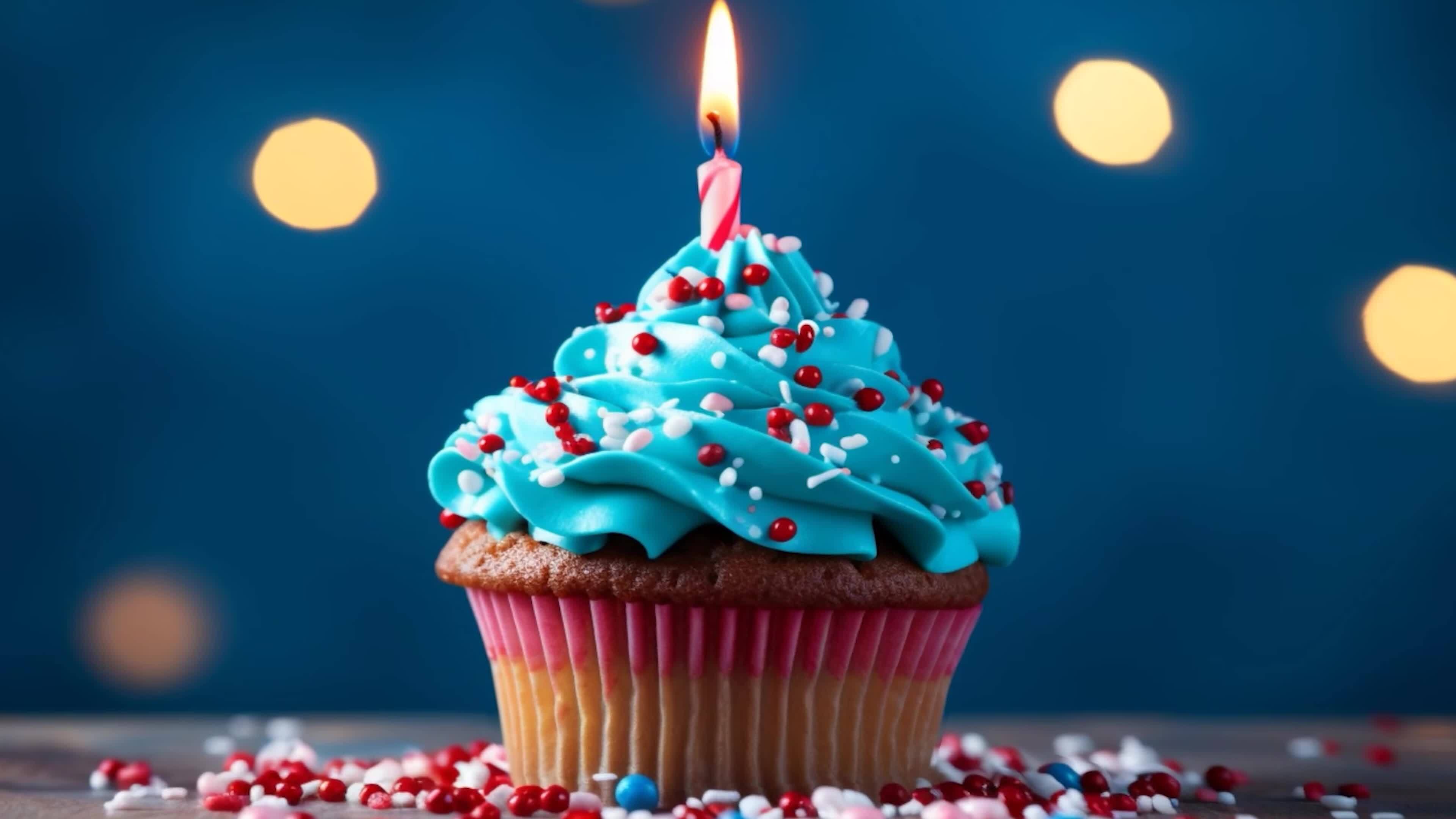 A blue cupcake with a glowing candle and bold red sprinkles footage for