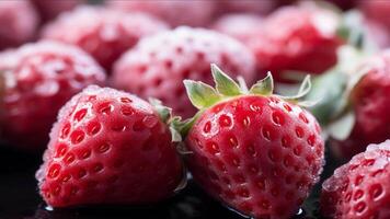 Frozen strawberries, up close, adorned with a delicate icy frost footage for background video