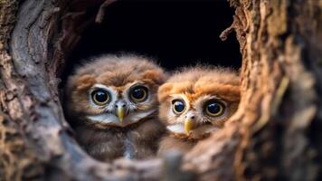 Charming owl chicks peek from tree hollow nest, copy space footage for background video