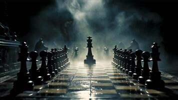 Chess pieces in a misty setting represent strategic business concepts footage for background video