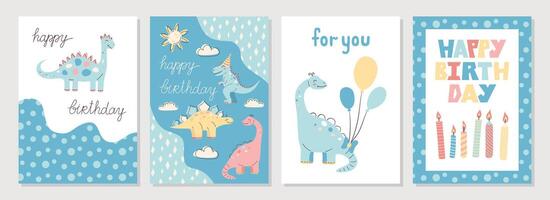 Collection of 4 cute dinosaur cards. Happy Birthday cards and greetings. Hand drawn in blue colors. For boys. illustration. vector