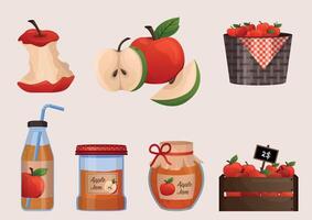 Apples harvest large collection. Red apples on branch, in basket, juice, jam, marmalade, pastila. Slice of apple. Fruits vector