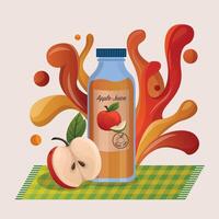 Fresh apple juice in glass bottle concept. Red apple drop on juice splash and ripple vector