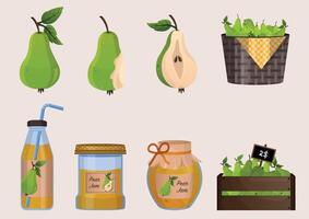 Pear harvest large collection. Green pear on branch, in basket, juice, jam, marmalade, pastila. Slice of pear. Fruits vector