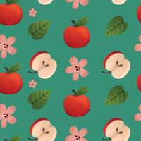 Red apple and half apple, leafs and flowers seamless pattern. Background illustration. Design for fabric, scrapbooking, packaging paper, wallpaper, wrapping, menu vector