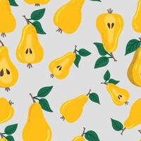 Pear fruit seamless pattern. Pear with leaf hand drawn repeated backdrop. Whole fruit and cut half. Food template for background, textile, wrapping paper, wallpaper vector