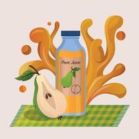 Fresh pear juice in glass bottle concept. Green pear drop on juice splash and ripple vector