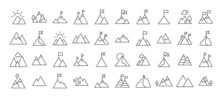 Collection of Line Signs of mountains as symbol of travel and hiking. Suitable for books, stores, shops. Editable stroke in minimalistic outline style. Symbol for design vector