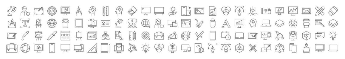 Collection of Line Icons of programming, coding, web design, engineering for Adverts. Suitable for books, stores, shops. Editable stroke in minimalistic outline style. Symbol for design vector